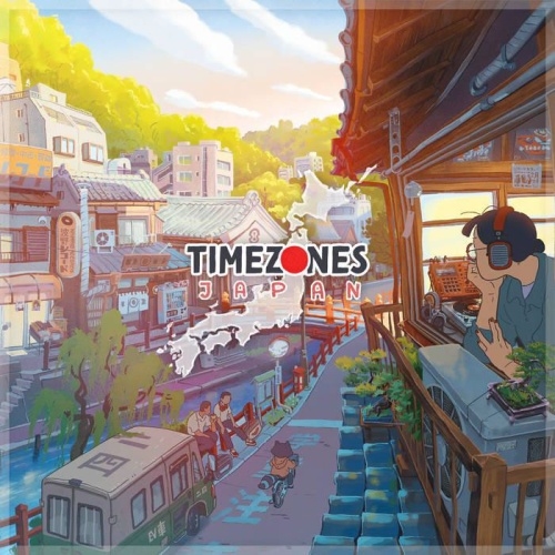 Illustrated album cover for Chillhop Timezones Japan showing a stylized Japanese street scene with buildings, a person wearing headphones on a balcony, and the title "TIMEZONES".