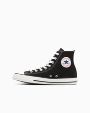Side profile of a black canvas high-top sneaker (ALL STAR HI) with white laces, white rubber sole, and circular ankle star logo.