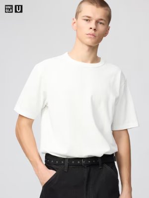 Male model wearing a white crew-neck T-shirt.