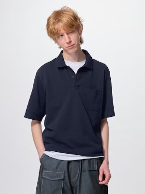 Male model wearing a dark short-sleeve polo shirt with a chest pocket.
