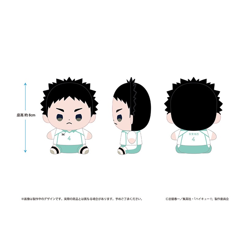 Illustration showing front, side, and back views of the Haikyu!! “Mocchibi” plush of Iwaizumi with an indicated height of about 8 cm.