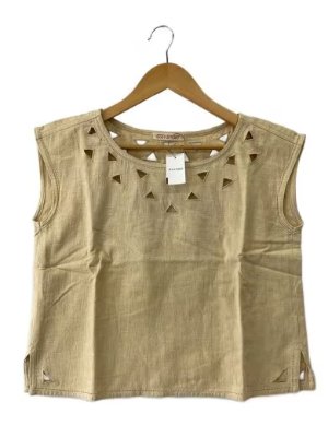 Beige cotton sleeveless singlet with triangular cutouts around the neckline, shown on a hanger.
