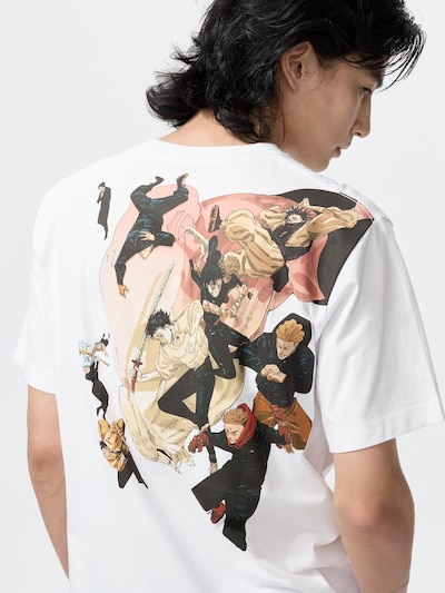 Back view of a white men's T-shirt worn by a model showing a large printed Jujutsu Kaisen (呪術廻戦) character design on the back.