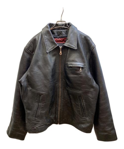 Front view of a men's cow leather jacket hanging on a hanger with a center zipper and front pockets.