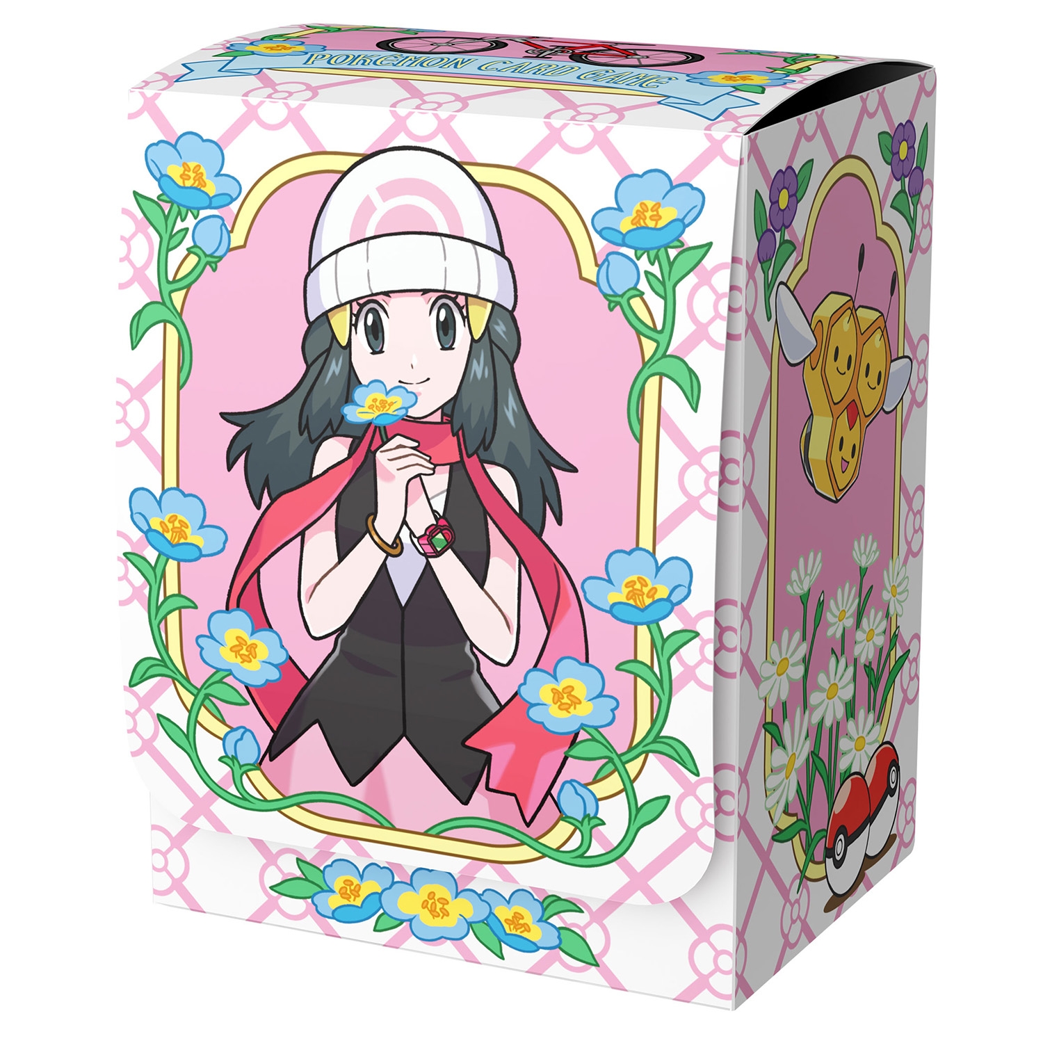 Pink plastic Pokémon card deck case depicting the character Hikari (Dawn) framed by blue flowers.