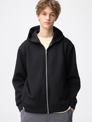 Front view of a male model wearing a black full-zip hooded men's jacket.