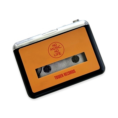 Yellow Tower Records cassette player front panel with 'NO MUSIC, NO LIFE.' logo, cassette window, and Tower Records branding.