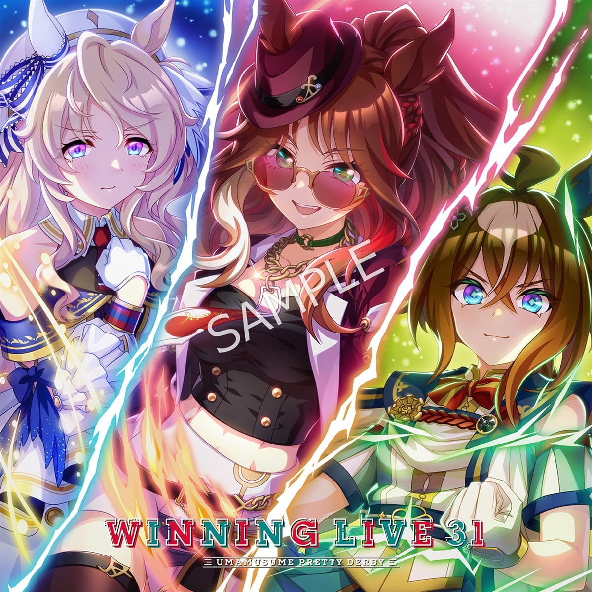 CD cover art for 『ウマ娘 プリティーダービー』 WINNING LIVE 31 showing three illustrated characters, the title text, and a SAMPLE watermark.