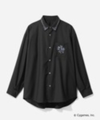 Black men's polyester overshirt with floral chest embroidery shown on a white background.