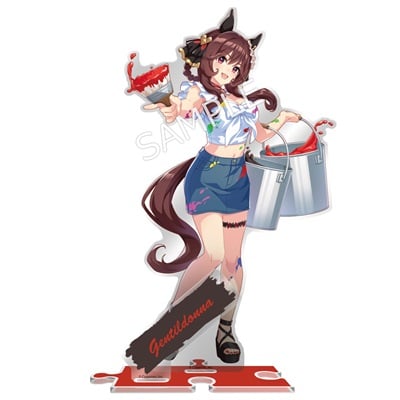 Acrylic stand of Uma Musume character Gentildonna in painter style holding a paintbrush and two paint buckets, mounted on a red puzzle-piece base.